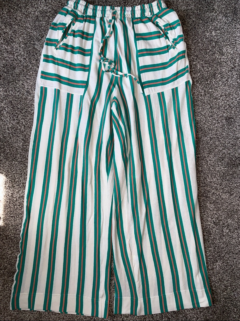NWT Free People Teal, Rust & White Striped Wide-Leg Pants. Size Medium. - Picture 1 of 5